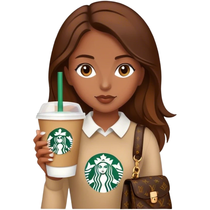 Starbucks cup cold drink with brown girl brown hair with Luis vittuon Bag emoji