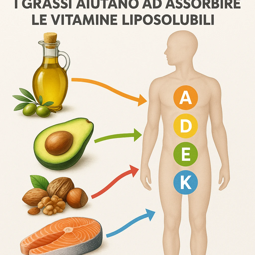 realistic infographic showing healthy fats like olive oil, avocado, nuts, salmon facilitating absorption of fat-soluble vitamins A, D, E, K in the human body; colorful arrows connecting foods to body; educational style with clear modern light background; caption in Italian: 'I grassi aiutano ad assorbire le vitamine liposolubili' emoji