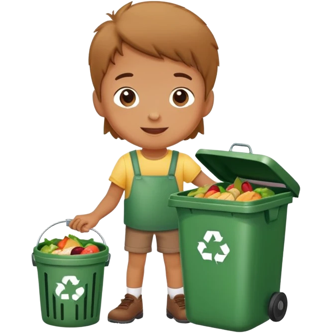 child putting food waste in a dustbin, cheerful and responsible emoji