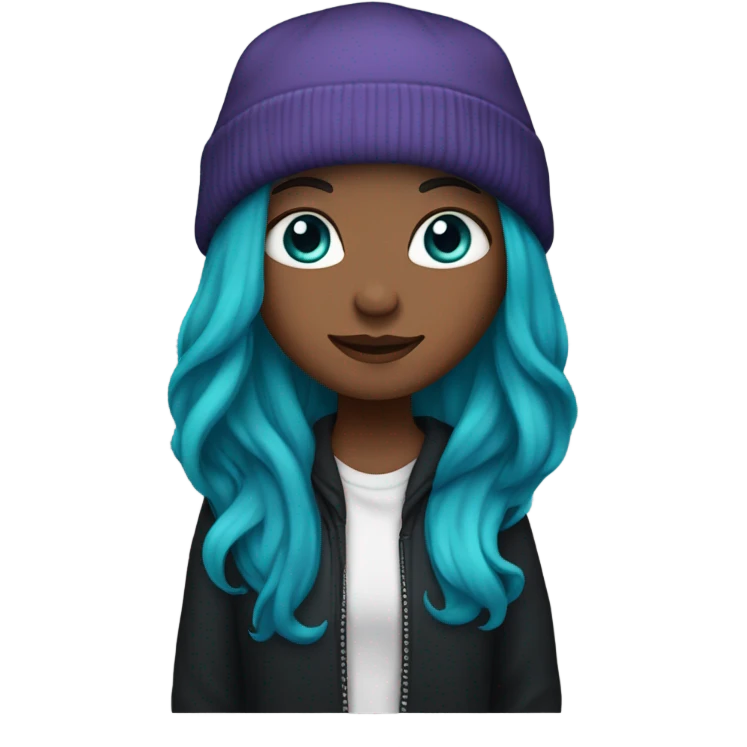 White girl, blue eyes, long teal hair, purple beanie hat, black hoodie, blue jeans, black shoes emoji