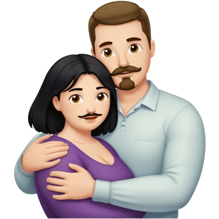 Couple, Tall strong white man with brown mustache goatee hugging a chubby short pale woman with long black hair emoji