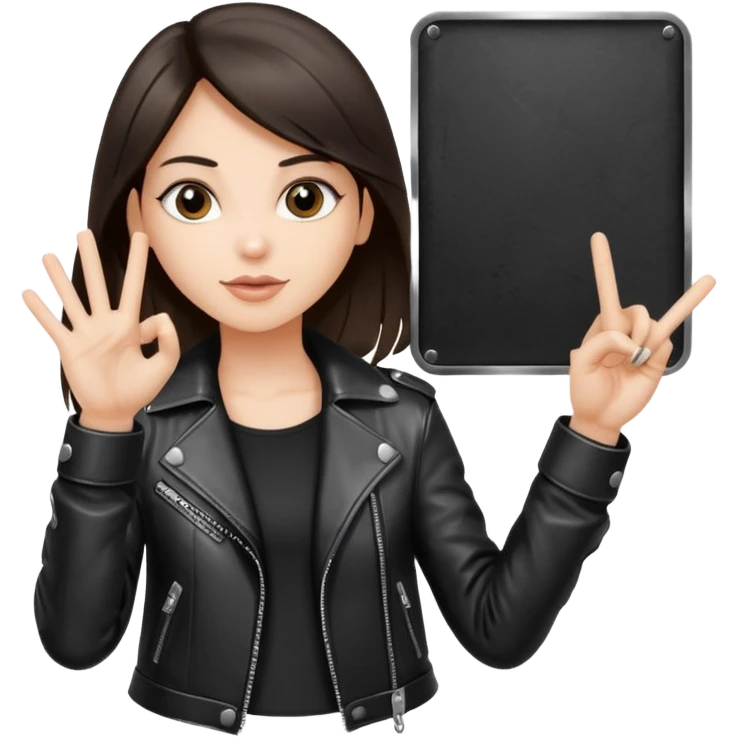 Fair skin long dark brown hair wearing a leather metal jacket girl doing the Rock n roll sign holding a large blank sign emoji