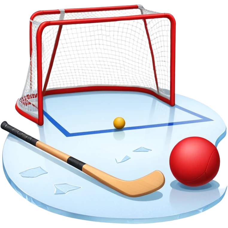 A red ball and hockey stick resting on an ice rink, with the goalposts and clear markings in the background. The scene captures the unique nature of field hockey with a ball on ice, emphasizing the speed and precision of the sport in a cold, competitive atmosphere. emoji