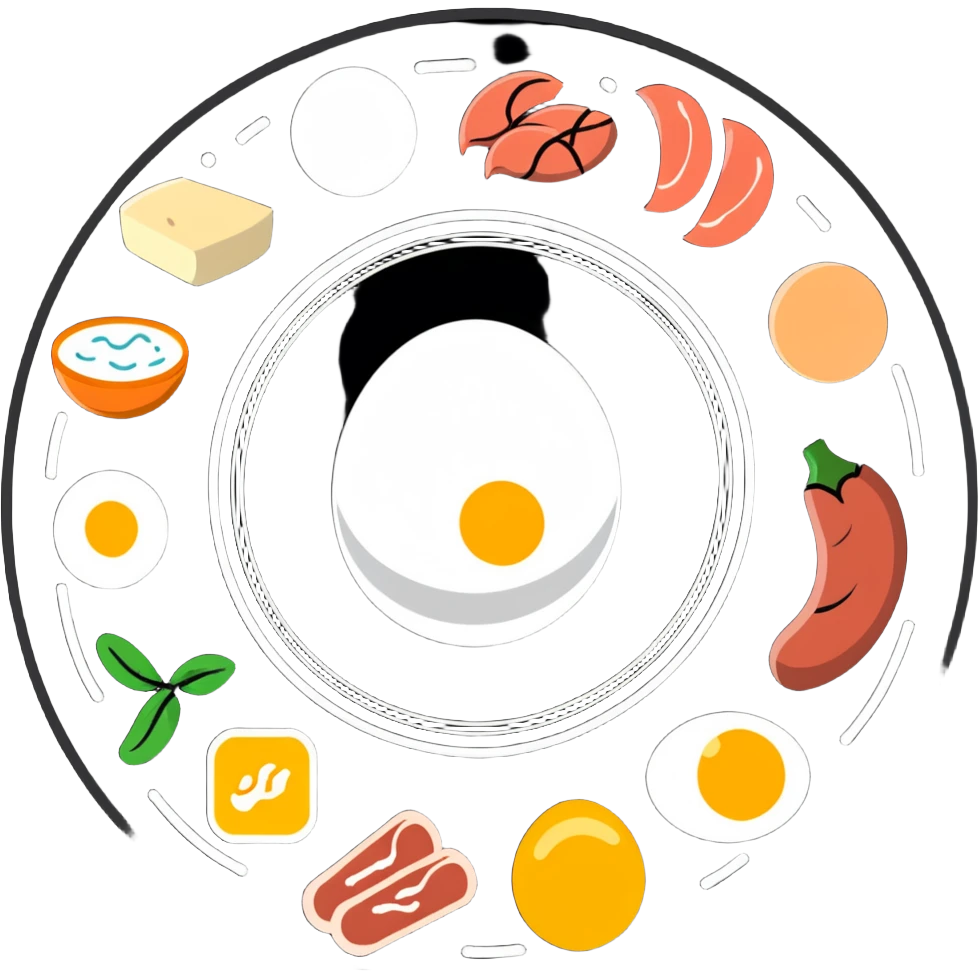 Close-up of glowing muscle fibers only, semi-transparent and pulsating with energy. Protein food icons (meat, egg, beans, tofu, yogurt) orbit around the muscle fibers in a warm energetic circle. emoji