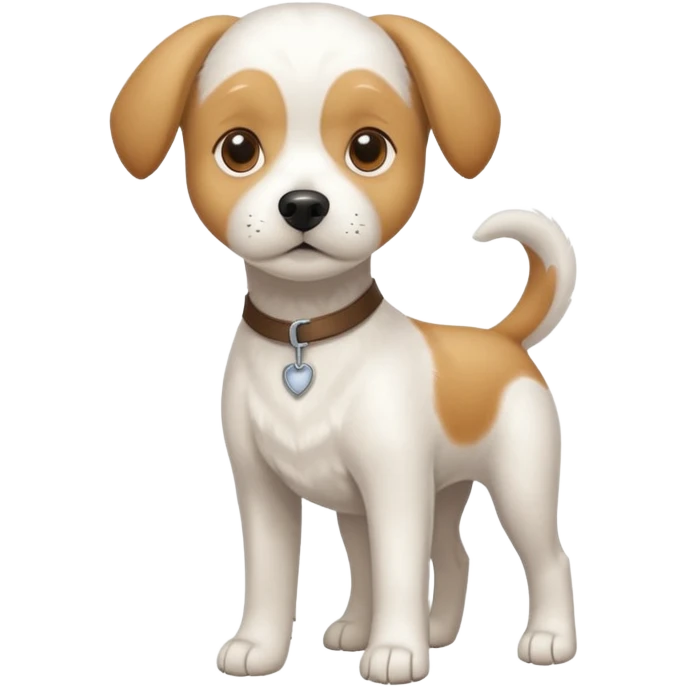 a full body white beagle x maltese x chi dog the size of a kelpie with light brown ears and a light brown patch on one eye emoji