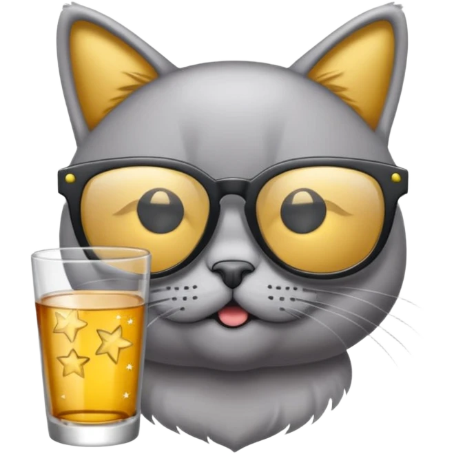 Fait un chat gris avec des lunettes de stars et avec un verre d alcool qui fait la fête emoji