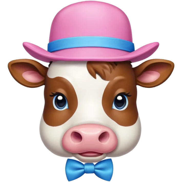A cow with a pink hat and a blue bow tie emoji