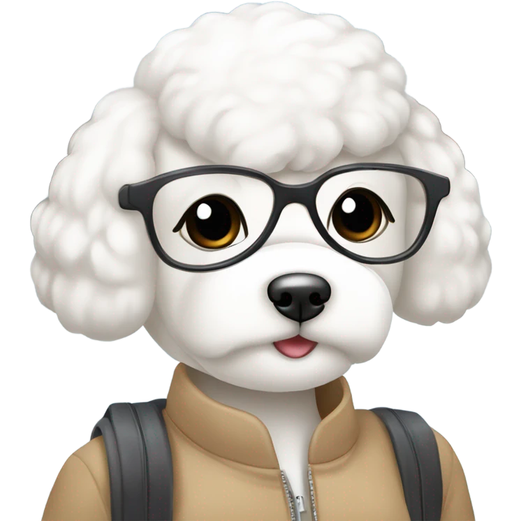 A cute korean style bichon frise with a dark-haired in a bun Asian woman at the airport  emoji