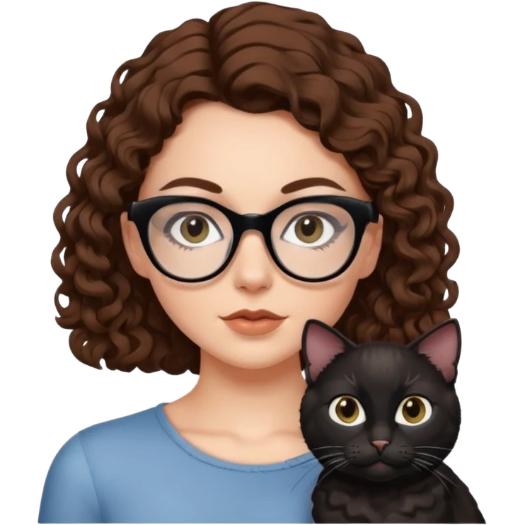 white girl with chest-length brown curls and black cat-eye glasses emoji