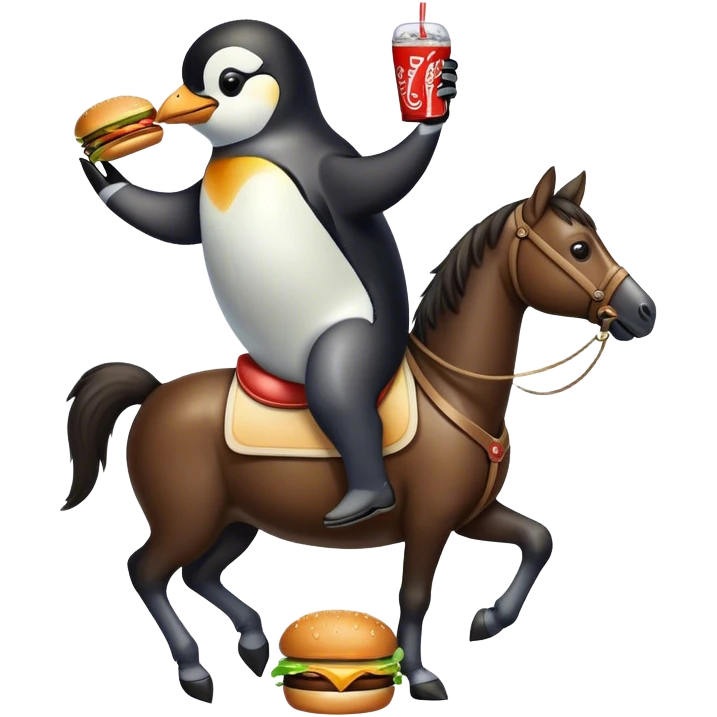 A penguin riding horse while hamburger and drinking coke emoji