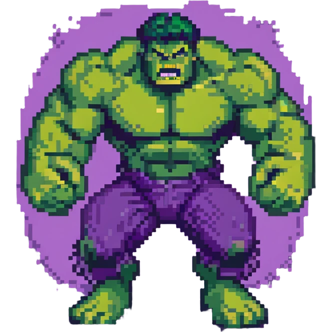 Hulk smashing with powerful fists, green superhero breaking ground, action pose, angry expression, retro video game style emoji