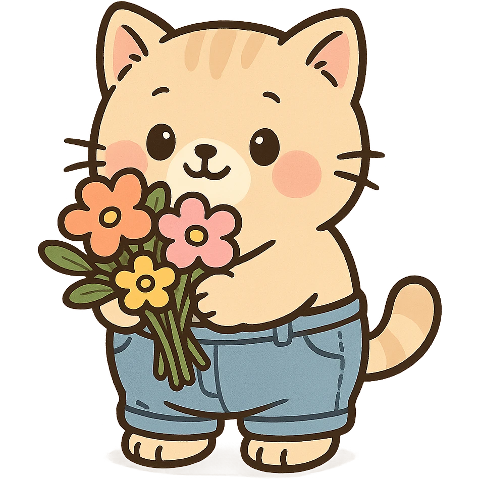 a chubby kitten wearing tiny pants and holding a bouquet of flowers, in a cute cartoon style emoji