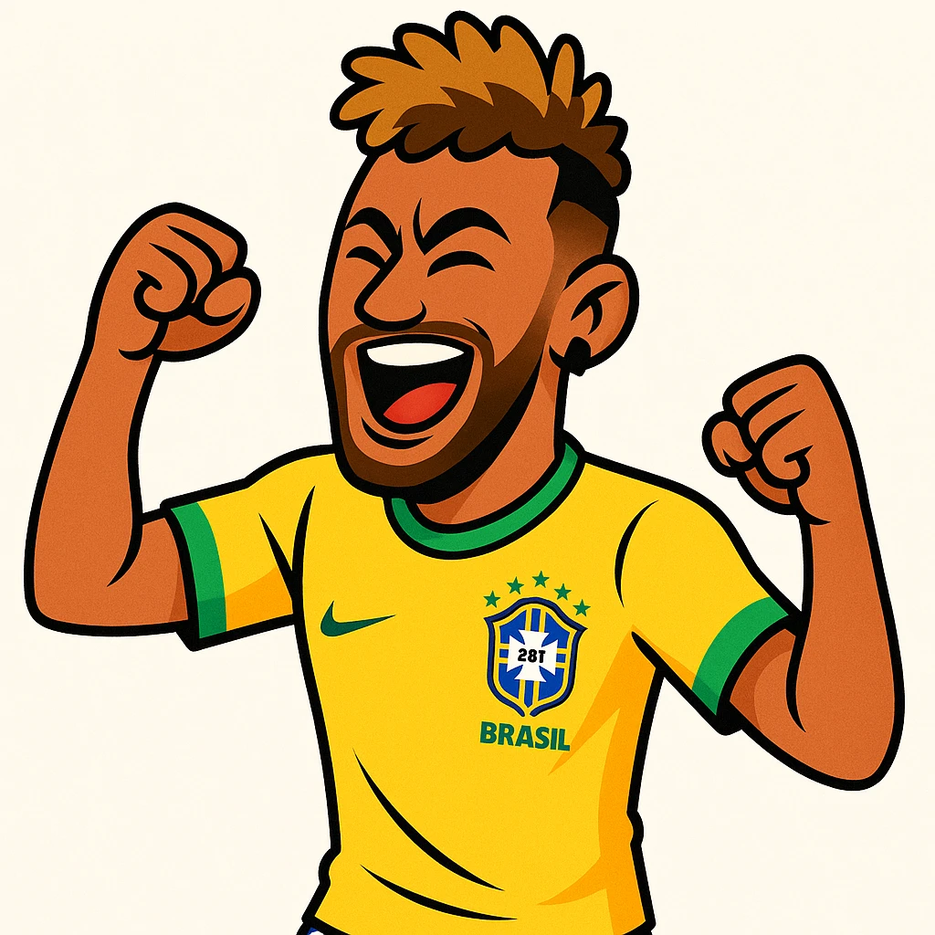 Neymar Jr. as a cartoon character, expressive and energetic, wearing a yellow Brazil football jersey, iconic hairstyle, celebrating a goal, white background emoji