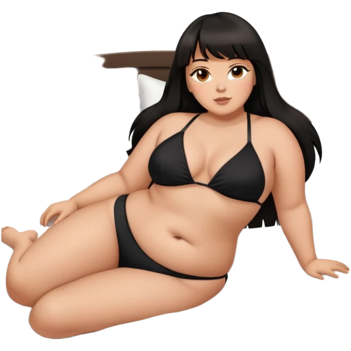 Plus size Latina female with bangs black long hair with black bikini laying on a bed emoji