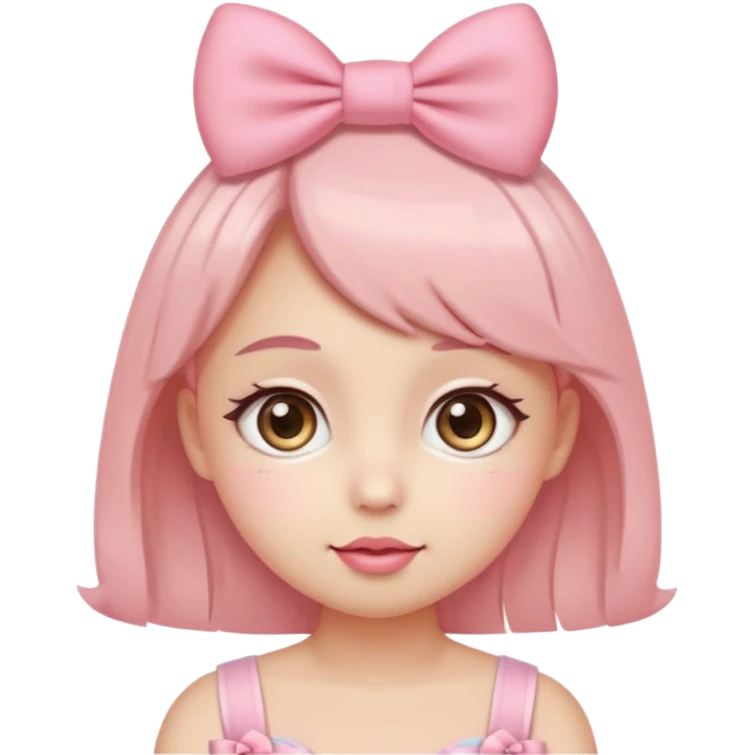 Cute coquette emoji, round face, big sparkling eyes, soft blush on cheeks, small pink bow on top of the head, pastel colors, simple vector style, transparent background


 emoji