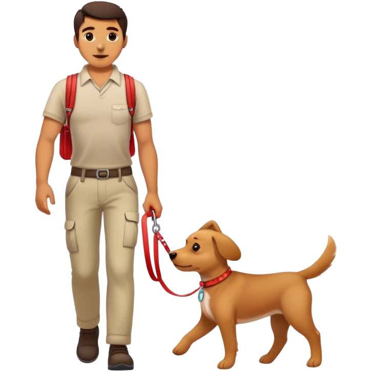 cute dog red leash on it's neck getting walked by man. emoji