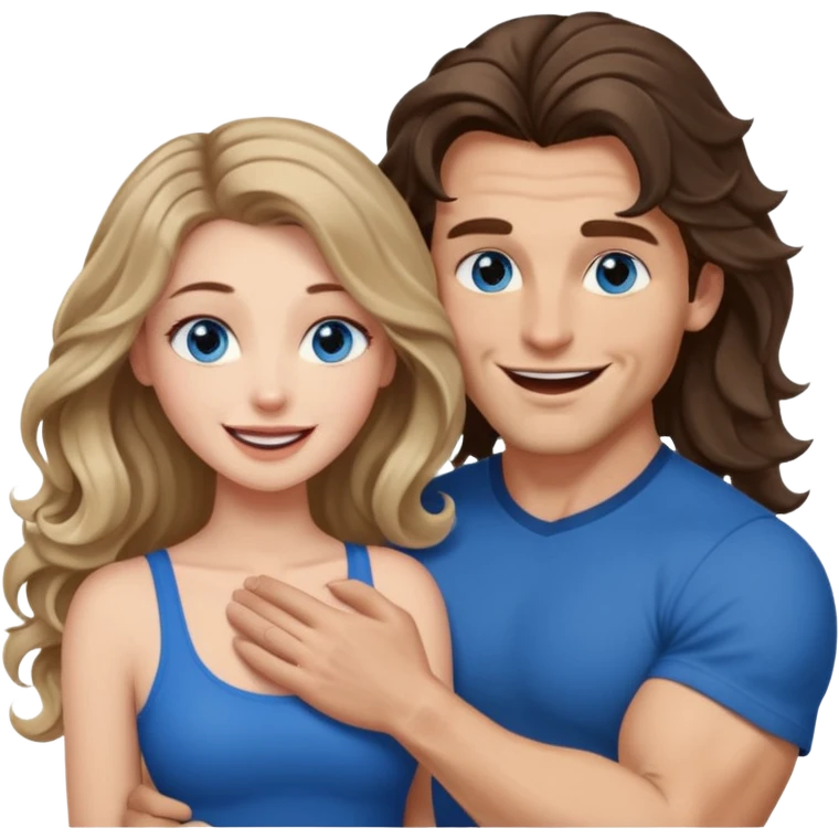 Women with blue eyes and very long, brown blond balayage curled hair in the arms of a man with strong arms a straight face, a very sexy man blue eyes. They are laughing at each other. He has dark brown hair: A fade haircut down to skin and is light skinned  emoji