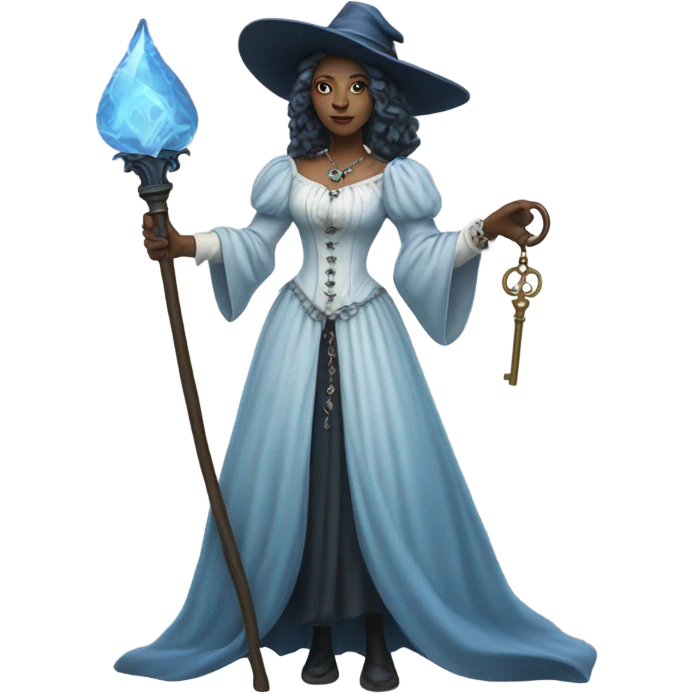 blue witch woman login holding a big key in white victorian dress, full body emoji
