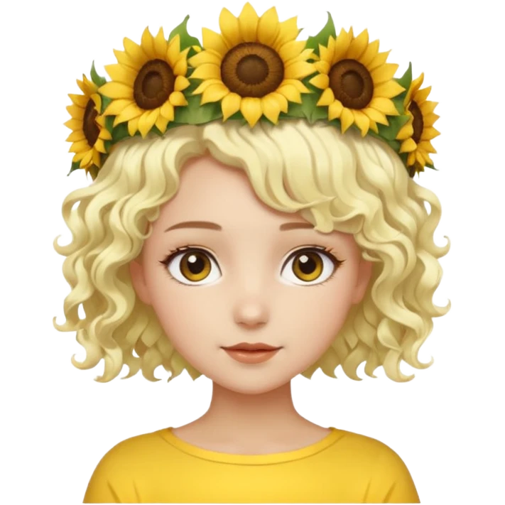 ["Fair skin female, short platinum-blonde curly hair, wearing a yellow sunflower crown."] emoji