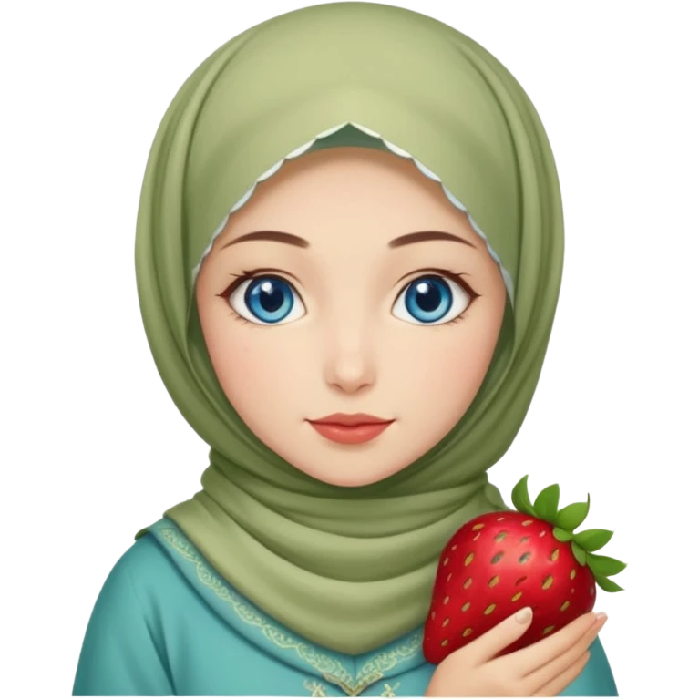 Turkish beautiful finish Konya girl blue eyes with beige and light green hijab islamic dress and had on her hand strawberry Matcha  emoji