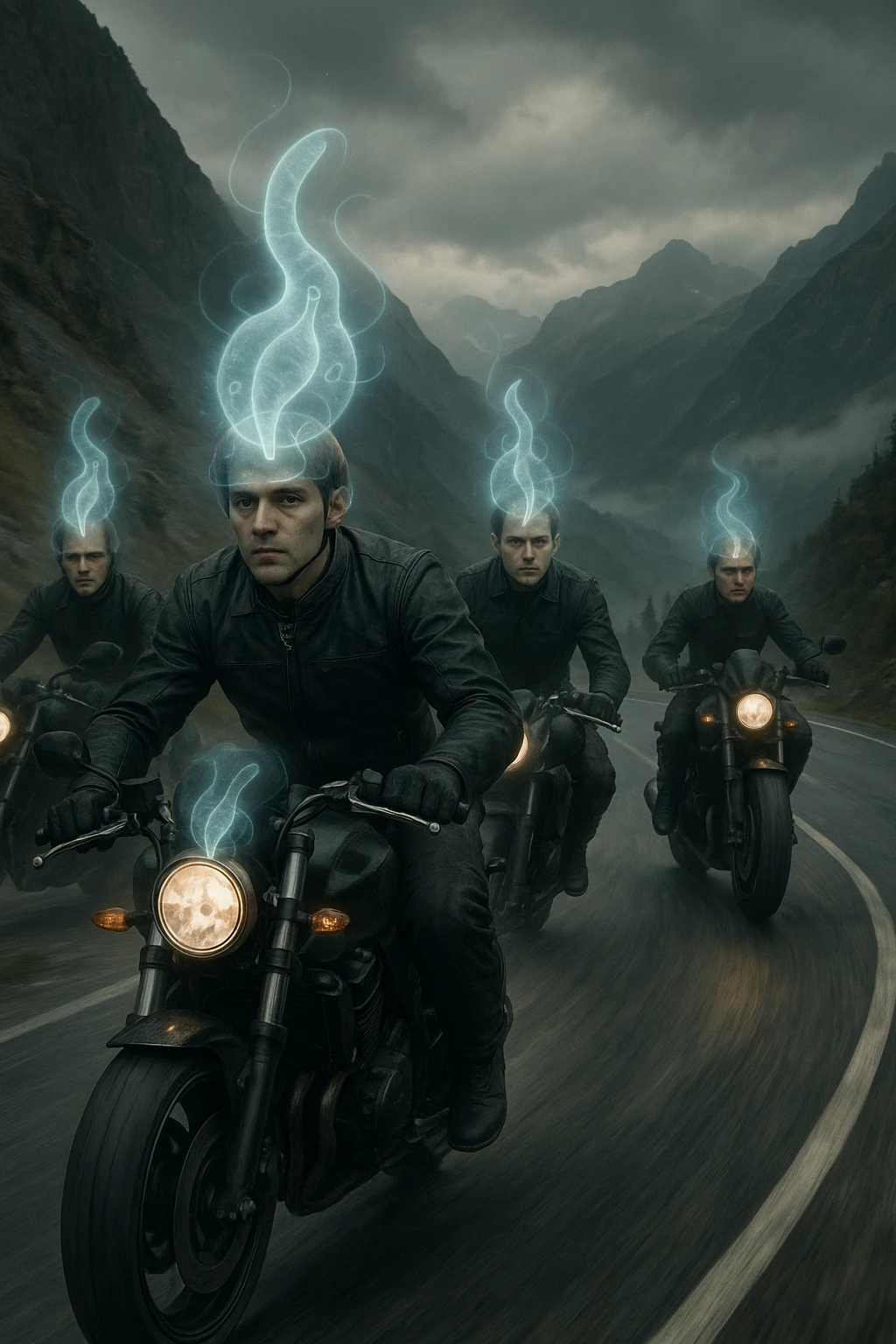 A group of motorcyclists riding aggressively along a winding mountain road at high speed. Their expressions are eerily calm and fearless. Faint, translucent parasite-like forms (symbolizing Toxoplasma gondii) overlay their heads or brains, emitting a subtle glow. emoji