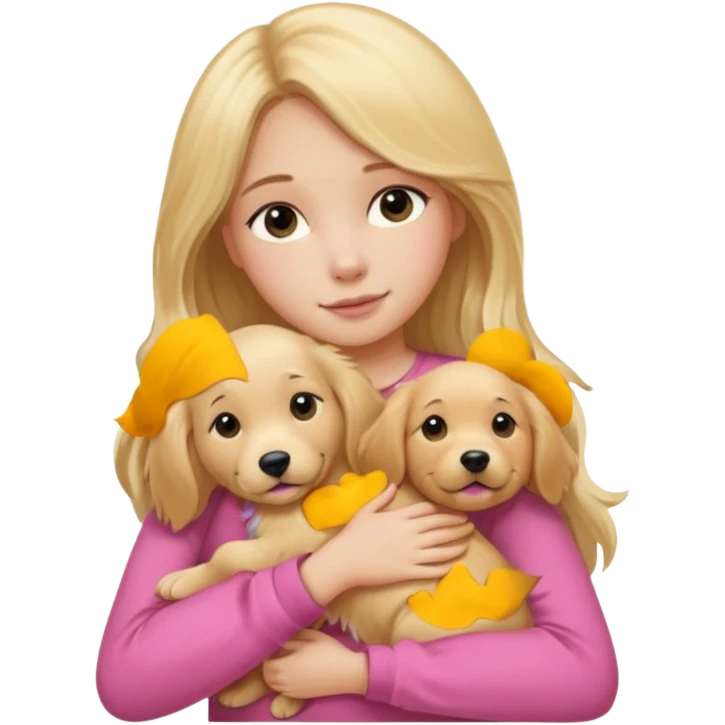 Menina loira fofa de cabelo comprido usando uma blusa rosa abraçando um golden Retriever  emoji