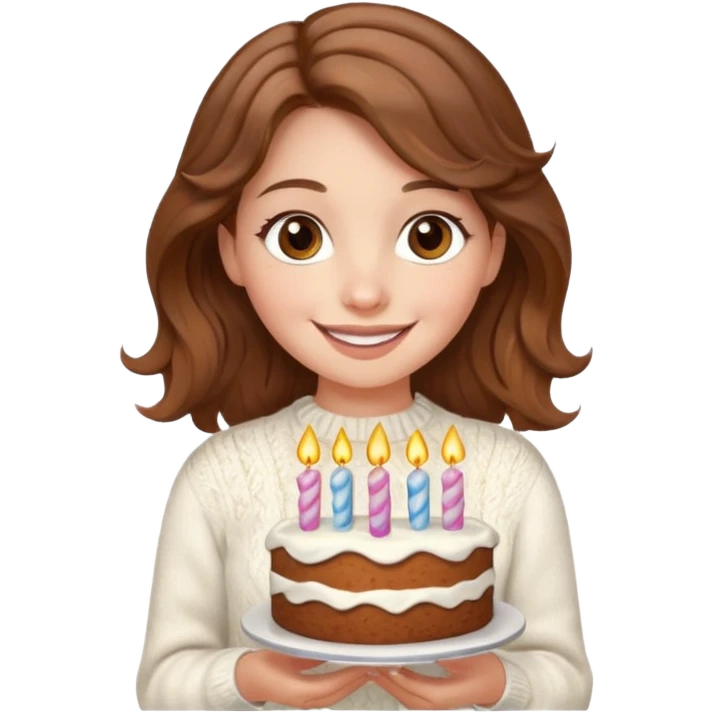 A pretty white girl with hazel brown eyes and brown wavy hair in a cosy white knit sweater, she is celebrating her birthday emoji