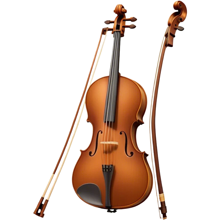 Create an elegant and refined emoji representing a Cremona 4/3F 4/4 cello with bow. The design should feature the distinctive, finely crafted body of the cello, highlighting its rich wooden finish and gracefully curved shape. The bow should be included, with visible horsehair and a polished wooden stick. Add subtle details like tuning pegs and strings to emphasize the precision and craftsmanship of the instrument. Use warm wood tones, deep brown, and soft metallic accents to reflect the high quality of the Cremona cello. The background should be transparent. emoji