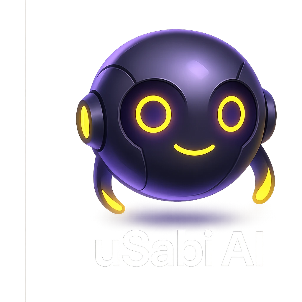 futuristic AI orb mascot for 'uSabi AI', glowing with purple and yellow lights, subtle smile, sleek modern approachable style emoji