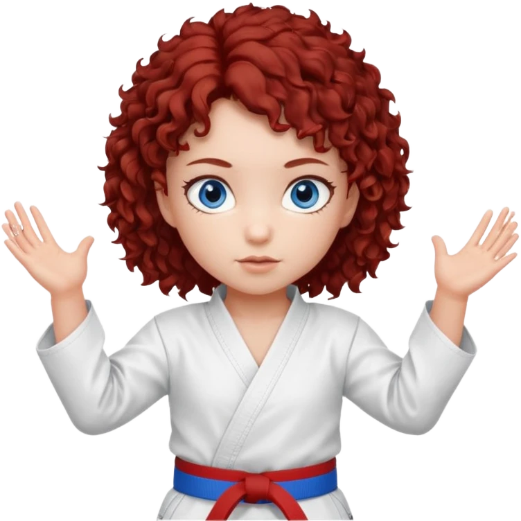generate a young girl with dark red curly hair, blue eyes. in a white karate outfit  emoji