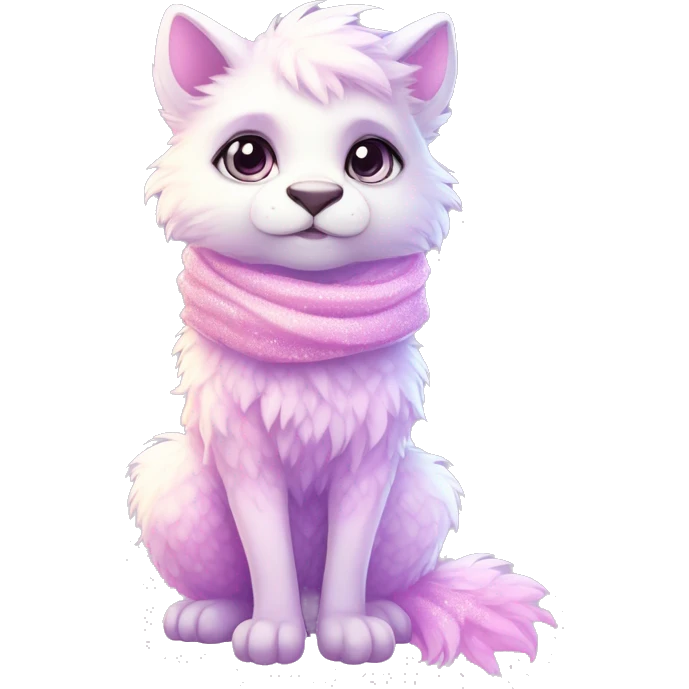 Edgy Kawaii cute gorgeous colorful sparkly bright light pastel lilac-pink-white-gradient fantasy ethereal fluffy fursona animal creature with a cute scarf full body emoji