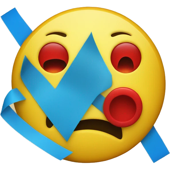 an upside down yellow smiley face with a red outline and a blue smile, the eyes are covered with blue tape emoji