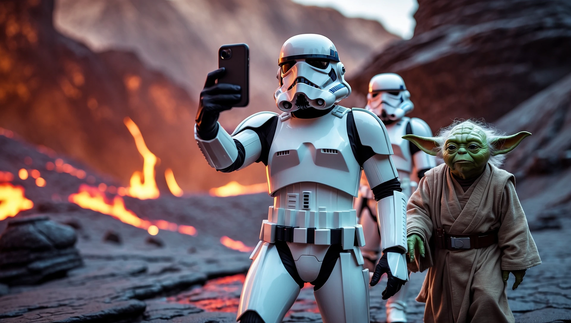 Camera POV, Starwars stormtroopers vlogging selfie, he is walking on lava planet with yoda emoji