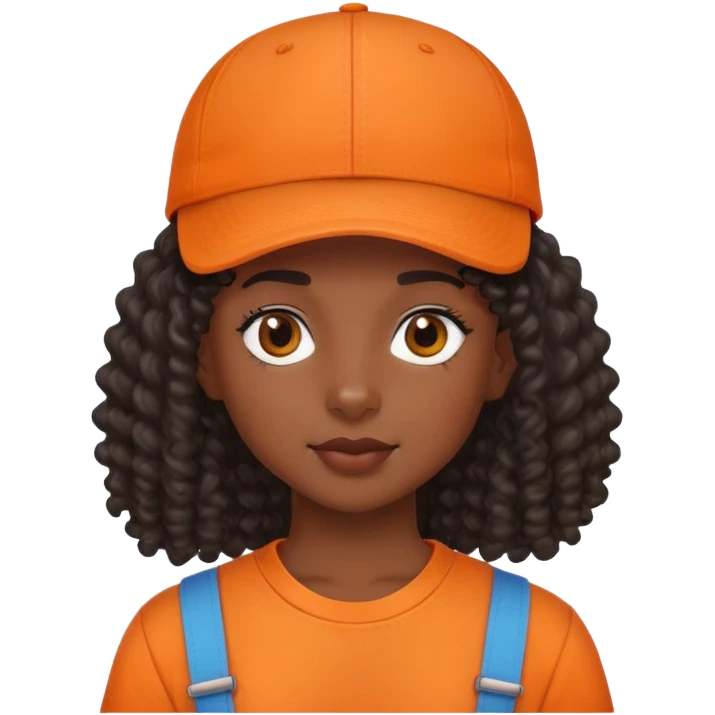 Black girl with curly mullet and a cap on in an orange shirt  emoji