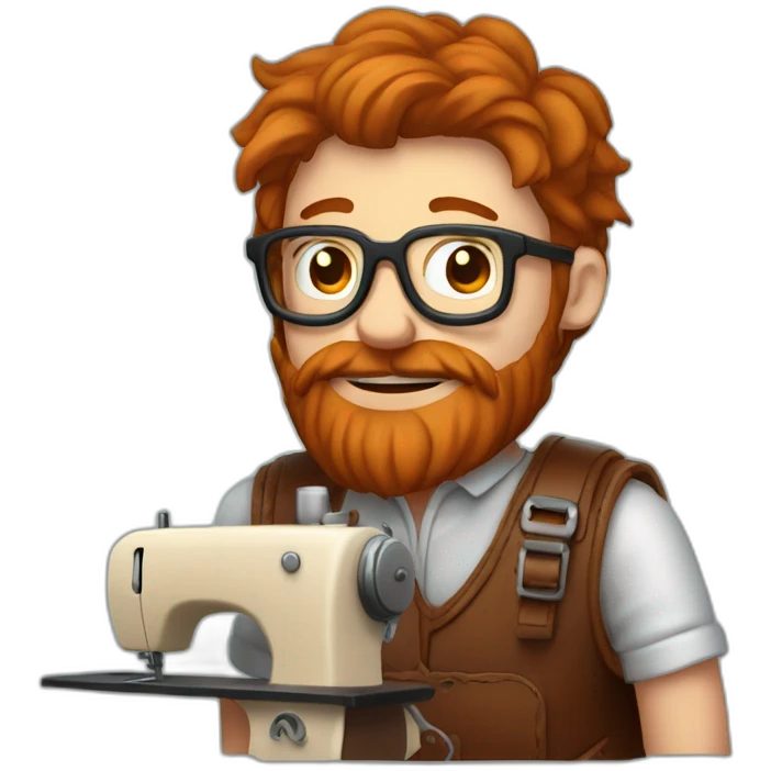 Red haired man with beard and metal rimmed glasses hand sewing a leather saddle emoji