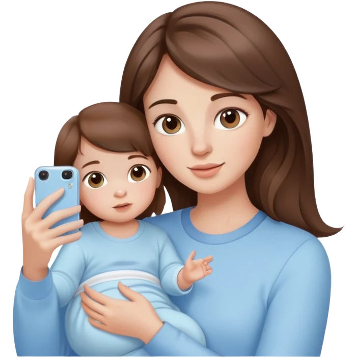 brunette girl with brown hair wearing pastel blue clothes holding a baby and taking a selfie emoji