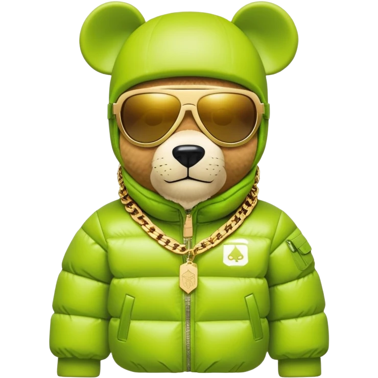 geometric bearbrick wearing lime balaclava with brand logos, continuous horizontal visor sunglasses as one piece across entire face, no eye division, luxury puffy down jacket with fur collar, heavy gold chains emoji