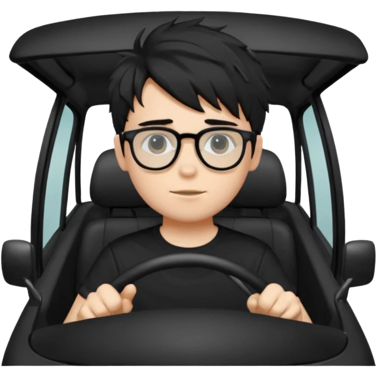 generate a pretty bratz fair skinned boy with black messy hair wearing a black tshirt driving. Glasses on.  emoji
