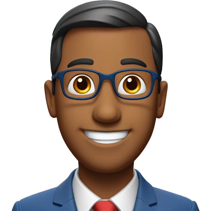 Pixar-inspired film character in 3D. Smiling Indian, oval face, cropped hair, nose with a high back, wears a blue suit and red tie. emoji