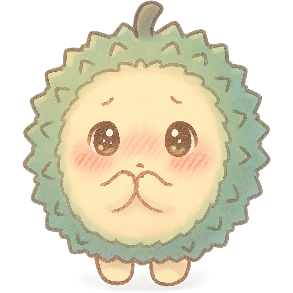 chibi style soft fluffy round durian character with green spiky shell and yellow flesh, blushing and shy with sparkly eyes, pastel tones, full-body emoji