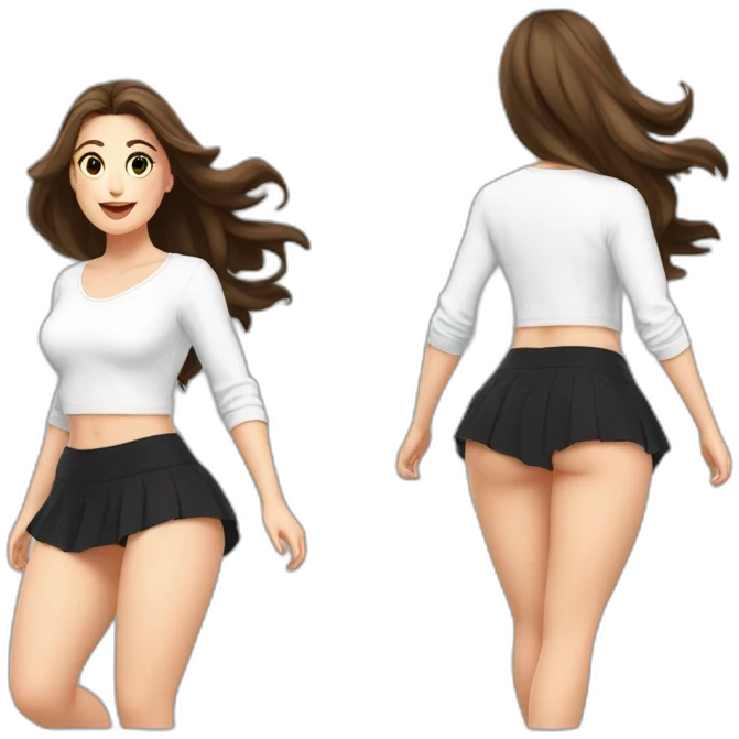 alistic-full-body-caucasian-curvy-beauty-jumping-short-black-skirt-back-and-front-views-strong-wind-white knickers-long-white-socks emoji