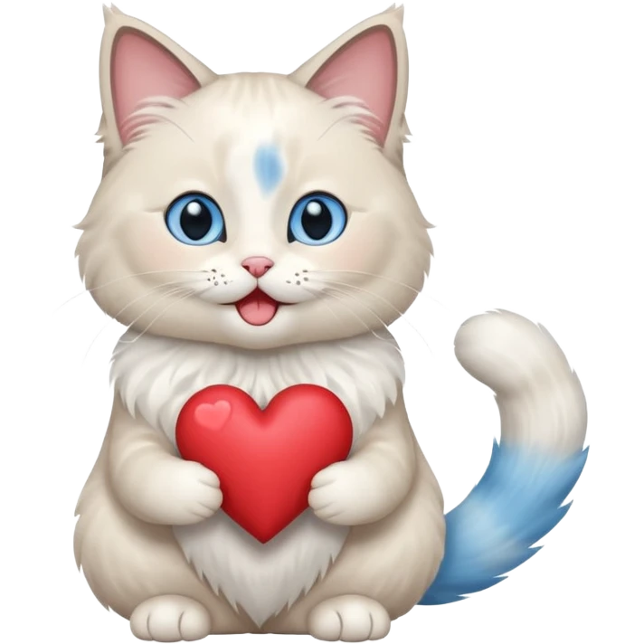 Full body ragdoll Cat holding a heart and mouth open, blushing emoji