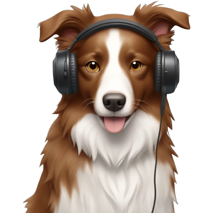 dog that looks like a reddish brown border collie with medium hair with headphones working from home includes a stick outfit emoji