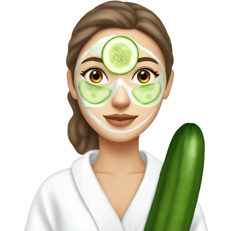 White girl with Brown hair and blue eyes wears a Green colored skincare clay textured mask and puts on cucumbers around her eyes while She relaxes in her white Robe emoji