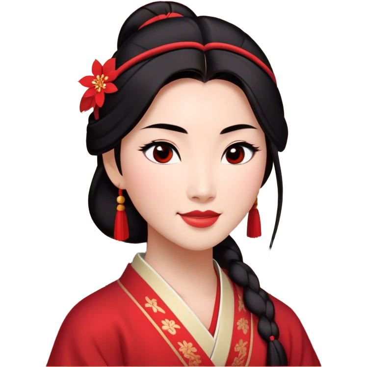 Cinematic Radiant Mulan Portrait Emoji, rendered in a realistic, vector-style with clean proportions. Show Mulan with a soft, confident smile, warm skin, and expressive eyes, her dark hair styled simply, and dressed in traditional clothing with understated red accents. The image radiates a gentle, luminous glow and high shine, accentuated by a soft glowing outline. emoji