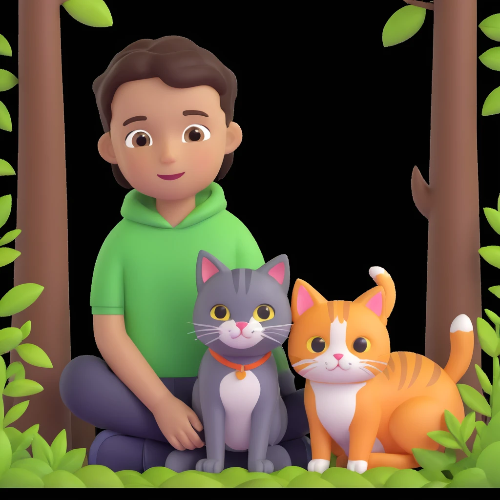 boy and cat pet in forrest background, close up pose emoji