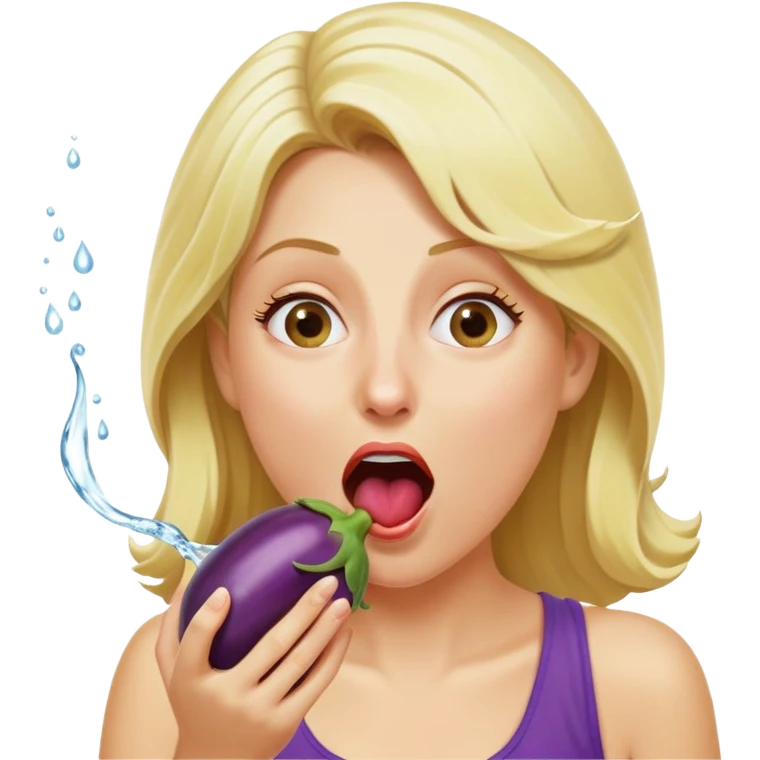 blond woman eating an eggplant, water stream squirting directly from the aubergine into her open mouth, surprised expression emoji