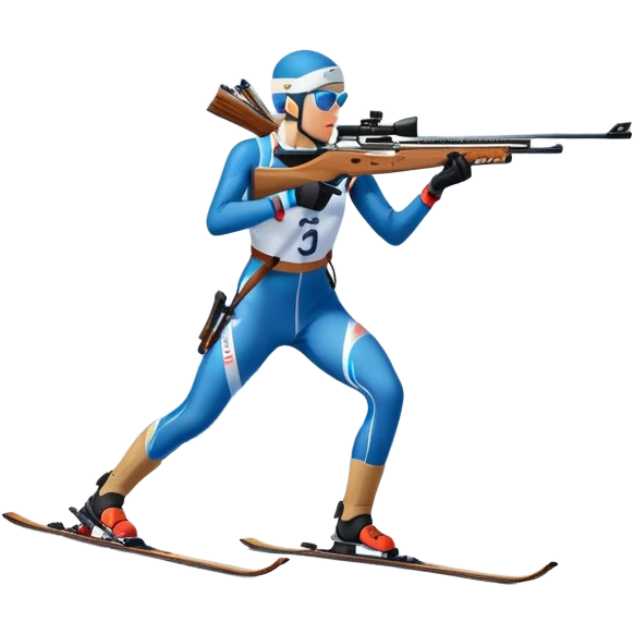 An icon featuring snow-covered trees, distant mountains, and a clear blue sky with a biathlete in motion, holding a rifle and skiing across a snowy course. Transparent background highlights the precision, endurance, and excitement of biathlon. emoji