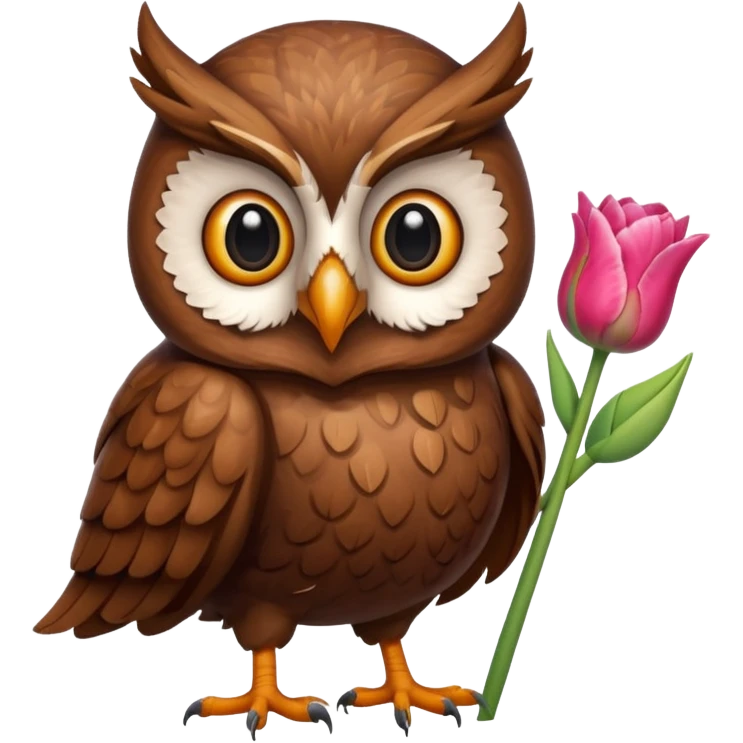 Cute Eyed Brown Owl holding a tulip emoji