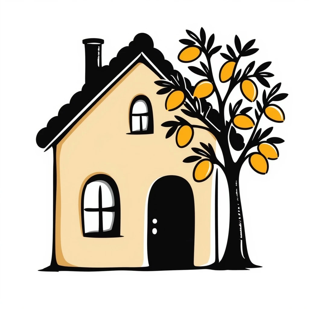 A light brown house from a barrio with a mango tree emoji